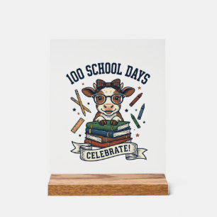 100 Days School Cow Vintage Engraving Teacher Shir Acrylic Sign