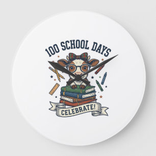 100 Days School Cow Vintage Engraving Teacher Shir Large Clock