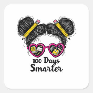 100 Days Smarter 100 days of School Messy Bun  Square Sticker