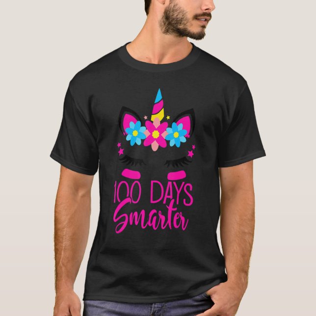 100 Days Smarter Cute Unicorn Face Teacher Student T-Shirt (Front)