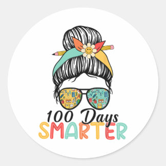 100 Days Smarter Girls Messy Bun Hair 100th Day Of Classic Round Sticker