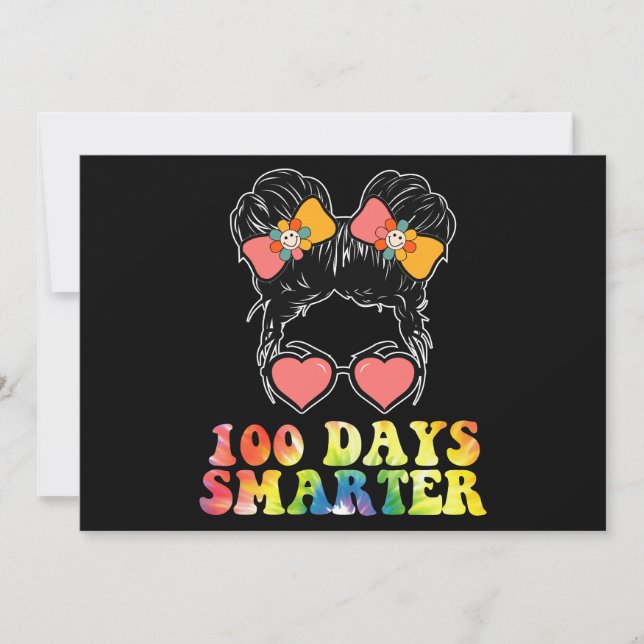 100 Days Smarter Girls Messy Bun School Tie Dye Invitation (Front)
