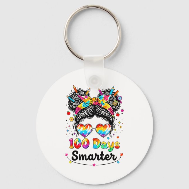 100 Days Smarter Messy Bun 100th Day Of School Gir Keychain (Front)