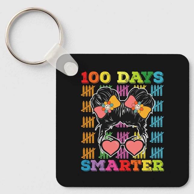 100 Days Smarter Messy Bun 100th Day Of School Keychain (Front)