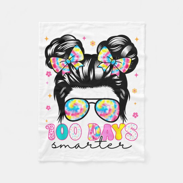 100 Days Smarter Messy Bun Girl 100th Day Of Schoo Fleece Blanket (Front)