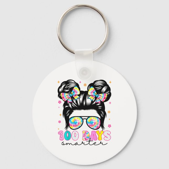 100 Days Smarter Messy Bun Girl 100th Day Of Schoo Keychain (Front)