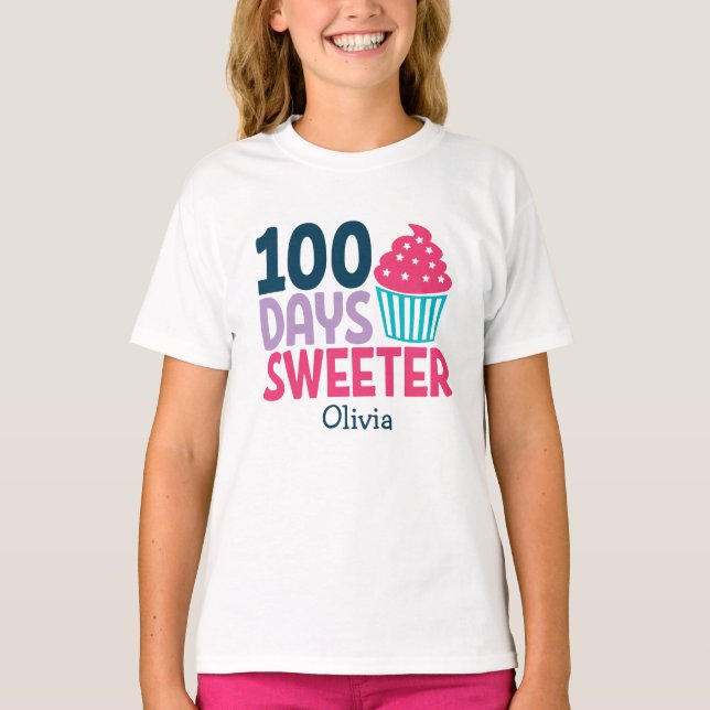 100 Days Sweeter | Cute Cupcake Personalized T-Shirt (Front)