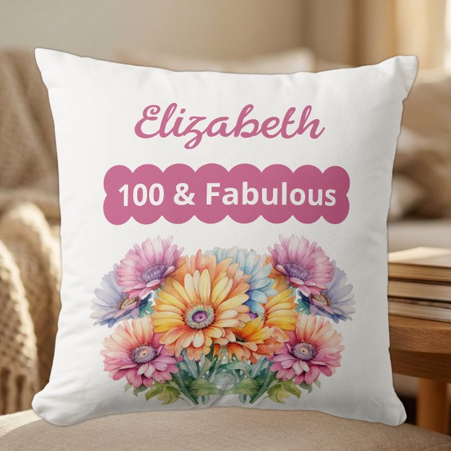 100 & fabulous name gerbera flowers blue throw pillow (Creator Uploaded)