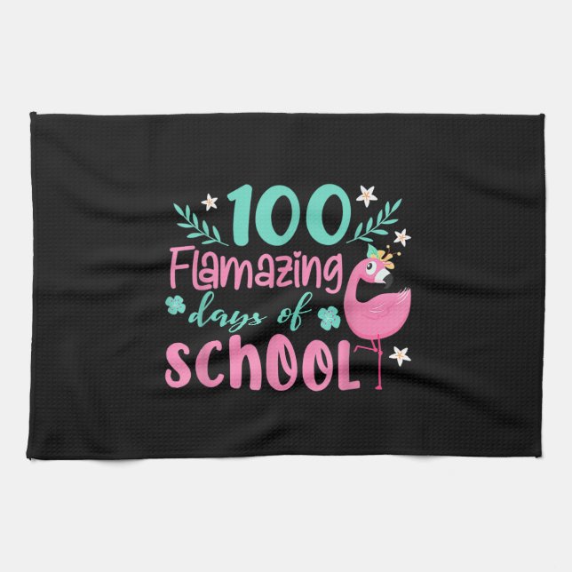 100 Flamazing Days Of School | Funny Flamingo Kitchen Towel (Horizontal)