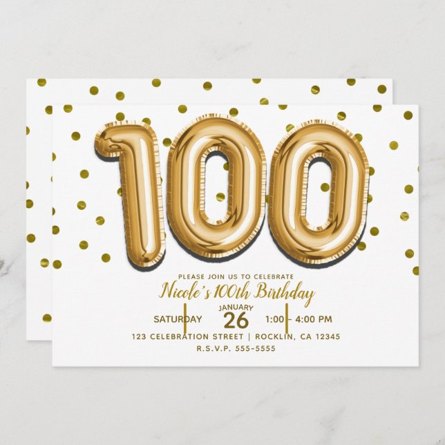 100 Gold Balloons & Confetti 100th Birthday Party Invitation (Front/Back)