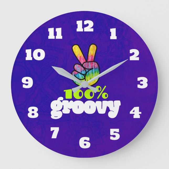 100% Groovy Rainbow Hand Peace Sign Acid Purple Large Clock (Front)