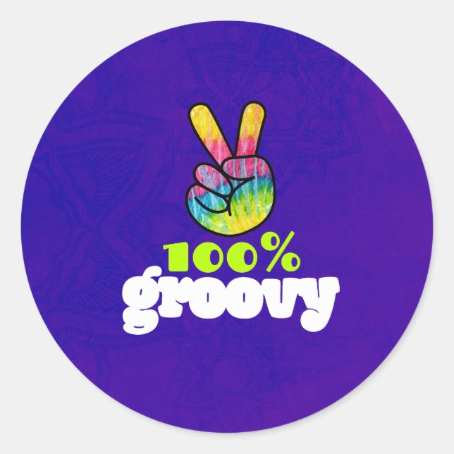 100% Groovy Rainbow with Hand Peace Sign Classic Round Sticker (Front)