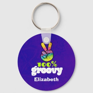 100% Groovy Rainbow with Hand Peace Sign Unique Keychain