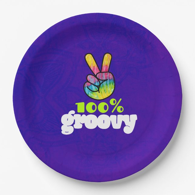 100% Groovy with Rainbow Hand Peace Sign Paper Plate (Front)