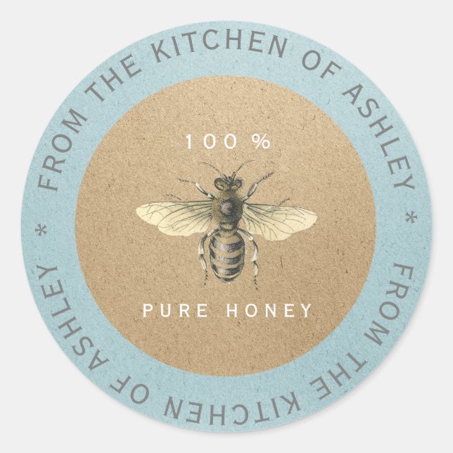 100%Homemade Honey Kitchen Kraft Bee Grey Blue Classic Round Sticker (Front)