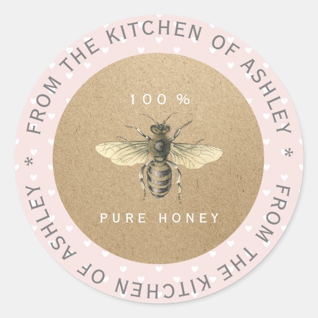 100% Homemade Honey Kitchen Organic Bee Heart Classic Round Sticker (Front)