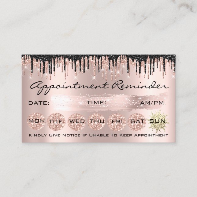 100 Lashes Appointment Reminder Rose Glitter Drips Business Card (Front)