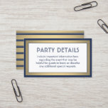 100 Pack Details Enclosure Navy Blue, White & Gold Business Card<br><div class="desc">Compliment navy blue and gold party invitations and provide important information to guests with elegant matching enclosure cards. All wording on this template is simple to customize for any occasion. This card includes the celebration details of your choice such as directions, website, special requests, accommodations, reception, rsvp, etc. The design...</div>