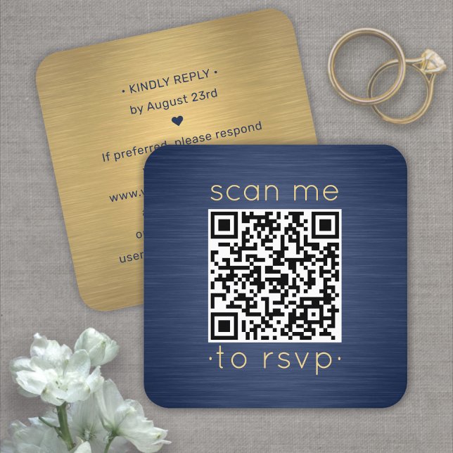100 Pack QR RSVP Blue and Gold Wedding Enclosure Square Business Card (Creator Uploaded)