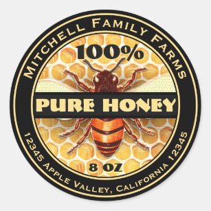 100% Pure Honey Bee Lable Classic Round Sticker