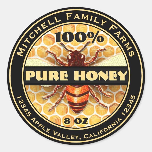 100% Pure Honey Bee Lable Classic Round Sticker (Front)
