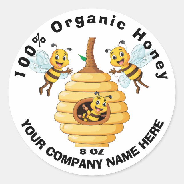 100% Pure Honey Bee Lable Classic Round Sticker (Front)