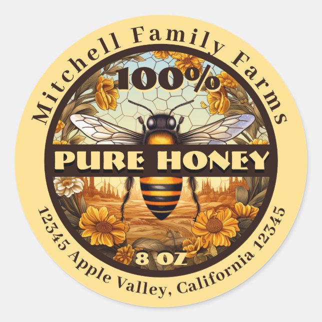 100% Pure Honey Bee Lable Classic Round Sticker (Front)
