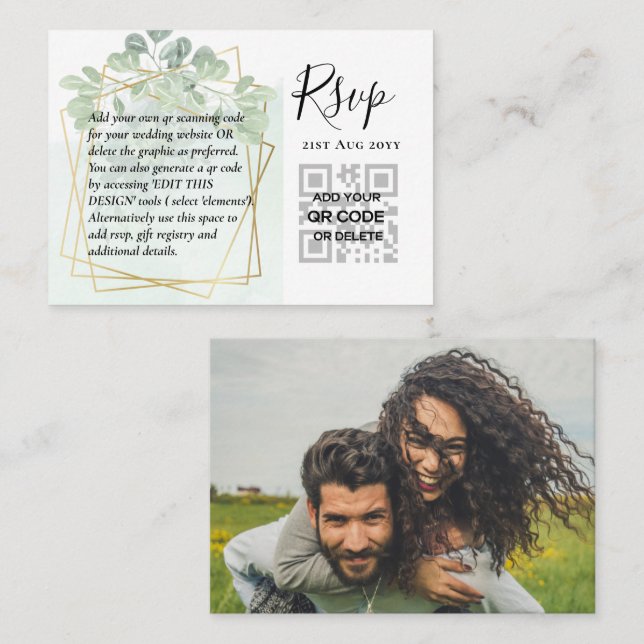 100 QR CODE WEDDING RSVP Greenery PHOTO Enclosure  Business Card (Front/Back)