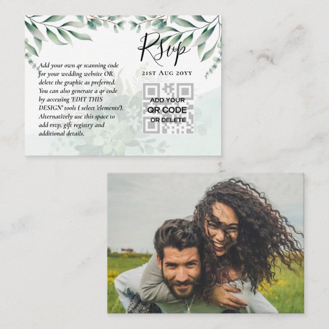 100 QR CODE WEDDING RSVP Greenery PHOTO Enclosure  Business Card (Front/Back)