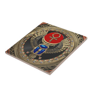 [100] Sacred Gold Egyptian Winged Scarab with Ankh Tile