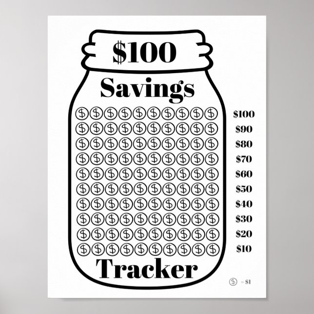 $100 Savings Tracker Mason Jar Budget Goal Sheet Poster (Front)