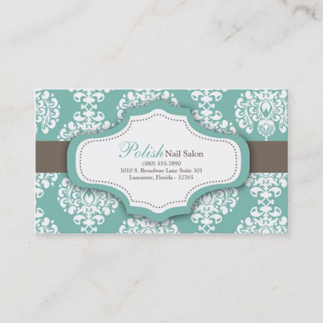 100 Teal Damask Nail Technician Business Card (Front)