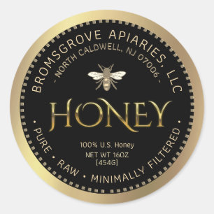 100% U.S. Honey Hand Bottled Raw Black Gold w Bee Classic Round Sticker