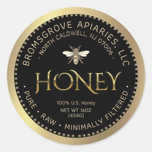 100% U.S. Honey Hand Bottled Raw Black Gold w Bee Classic Round Sticker (Front)