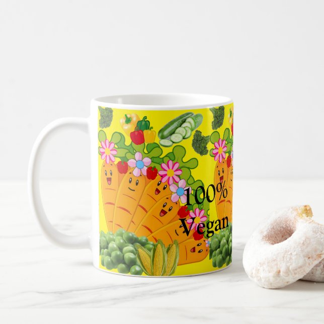 100% Vegan Carrots Peas Yellow Mug (With Donut)