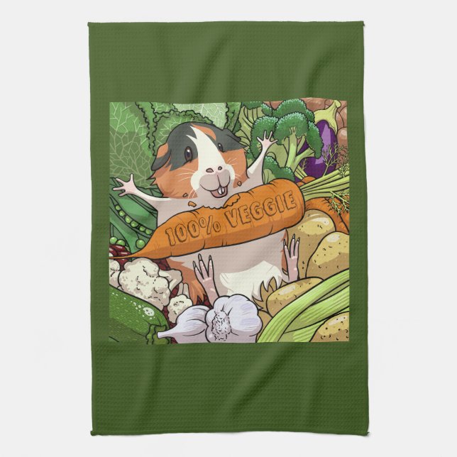 100% Veggie Happy Guinea Pig With Carrot Kitchen Towel (Vertical)