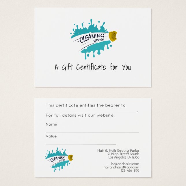 100 x Certificats cadeaux LOGO d'affaires NETTOYAG (Devant & derrière)