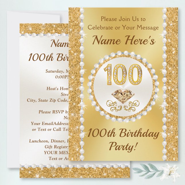 100 year Birthday Invitations, Lovely Personalized Invitation (100th birthday party invitations. Personalized 100th birthday invites for 100th birthday supplies.)