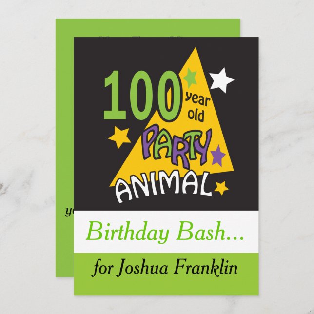 100 Year Old Party Animal - 100th Birthday Invitation (Front/Back)