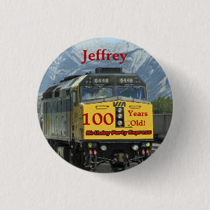 100 Years Old, Railroad Train Birthday Button Pin
