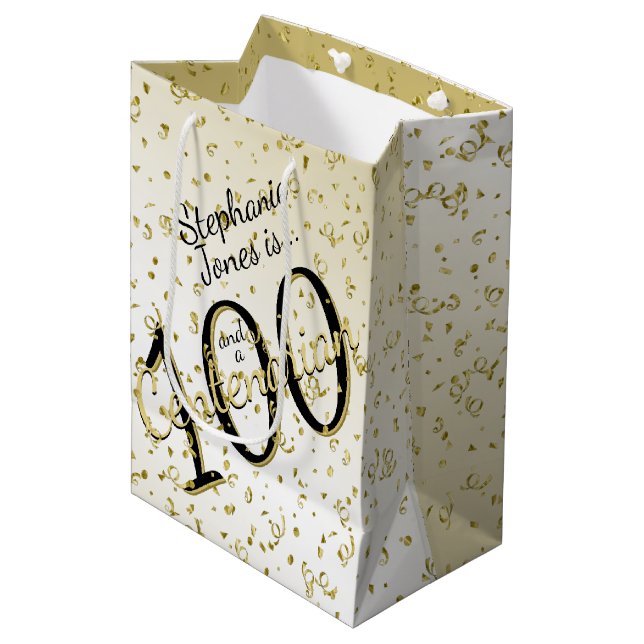 100 Yrs Centenarian Birthday Black/Gold Text Medium Gift Bag (Front Angled)