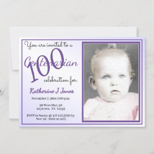 100 Yrs Centenarian Birthday Party Purple/White Invitation