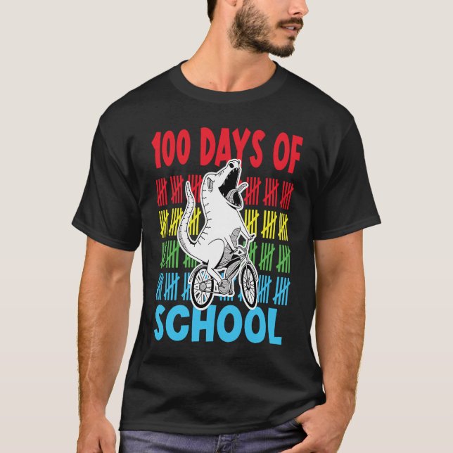 100Days Of School Dinosaur riding bike T-Shirt (Front)