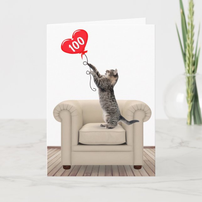 100e Anniversaire Chat Avec Carte Balloon Coeur (Devant)