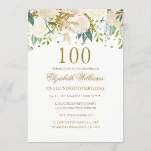 100e anniversaire Elégant or Floral Invitation
