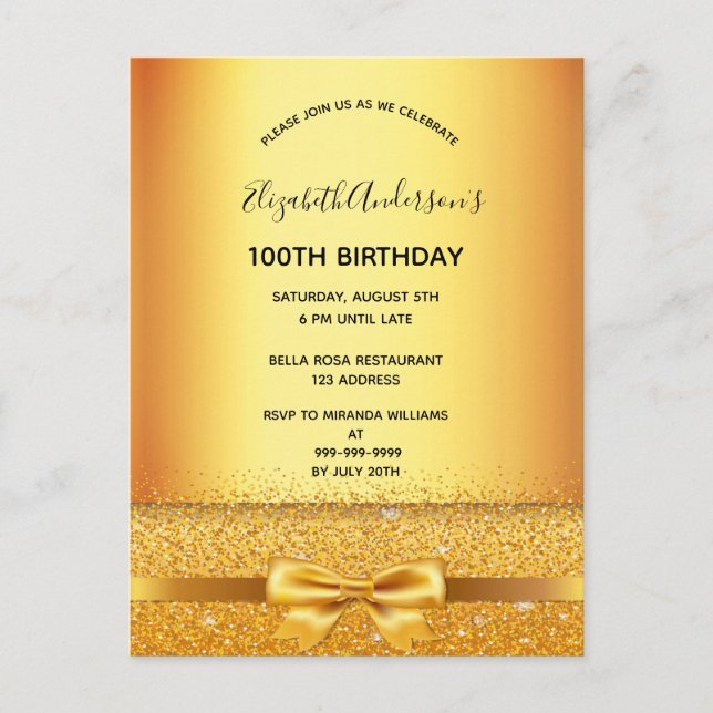 100e anniversaire fête or métal invitation (Devant)