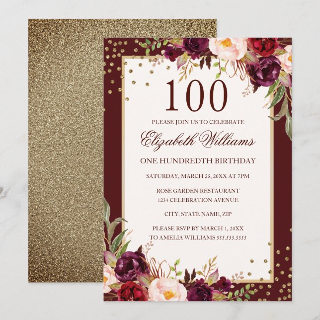 100e anniversaire Gold Bourgogne Floral Invitation (Devant / Derrière)