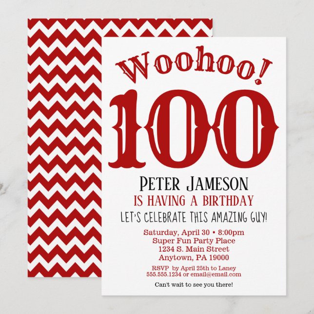 100e anniversaire Invitation Mens Rouge Noir (Devant / Derrière)