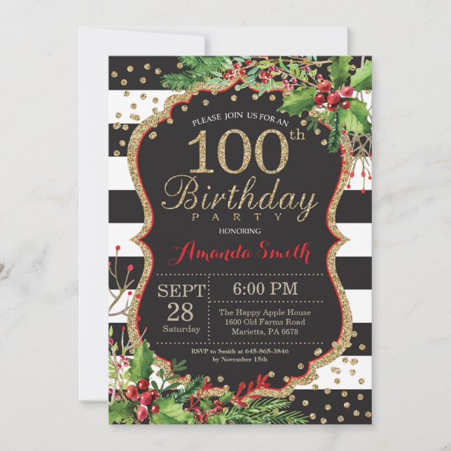 100e anniversaire Invitation Noël Rouge Noir Or (Devant)