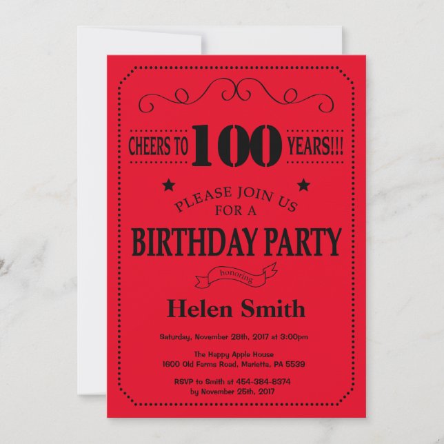 100e anniversaire Invitation Noir et Rouge (Devant)